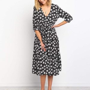 Robe Mi-Longue Fleurie Noire et Blanche