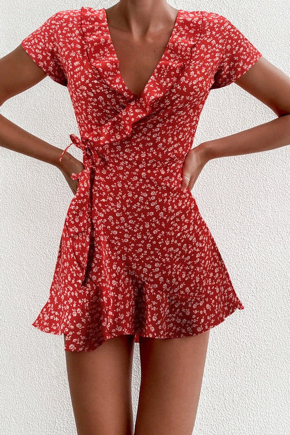 Robe Courte Rouge Fleurs Blanches