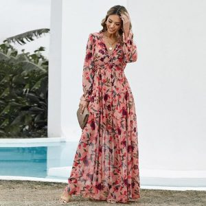 Robe Longue Fleurie Rose Manche longue