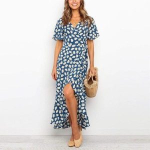 Robe Longue Bleu Ciel Fleurie